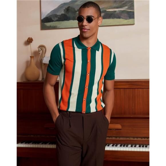 Men's Vintage Knit Polo Shirt Short Sleeve Olive - Picture 2 of 6